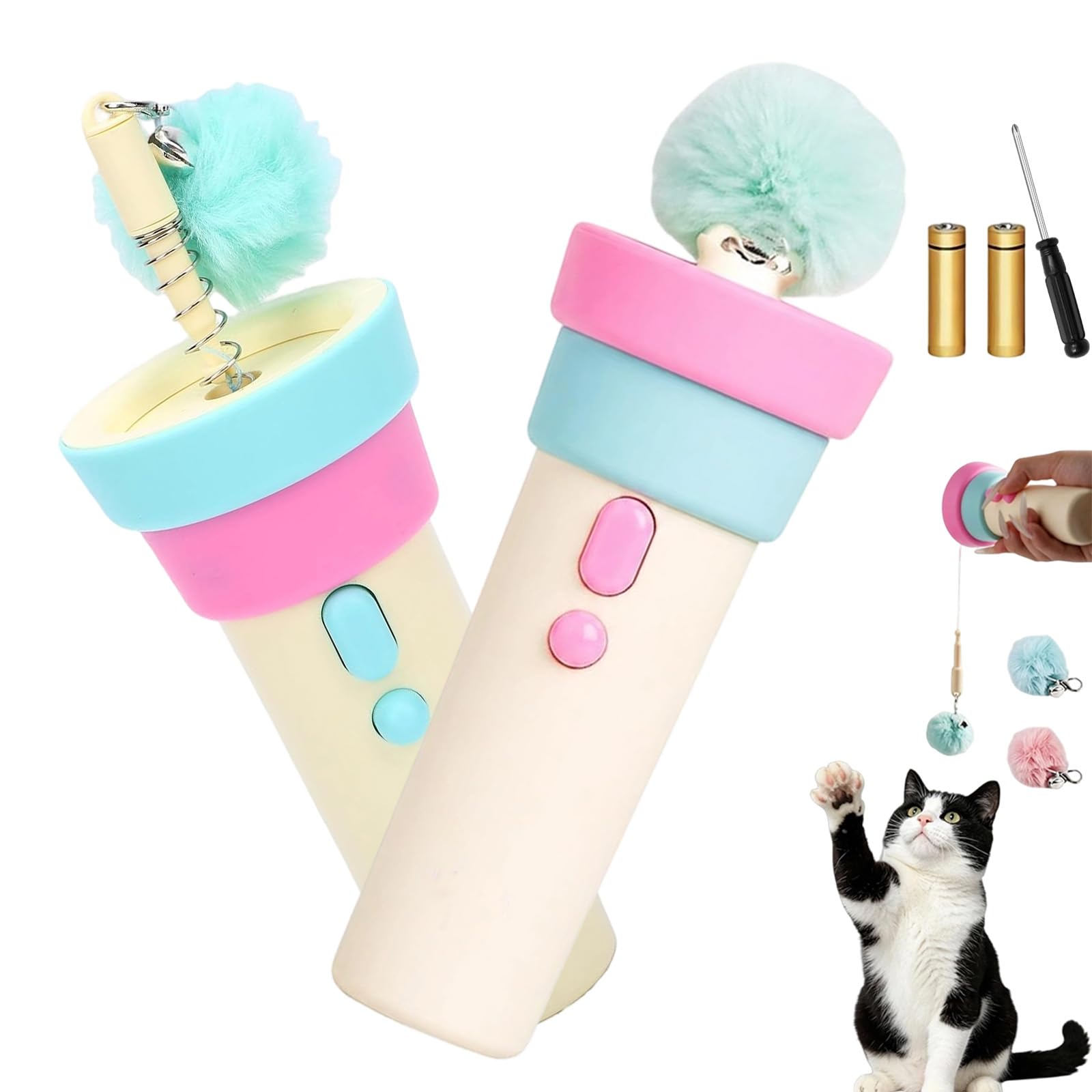 Lanzador automático para gatos, juguetes interactivos de bola mullida para gatos de interior, juguete eléctrico para gatos con cuerda telescópica para gatitos y gatos adultos (rosa + azul, 1)