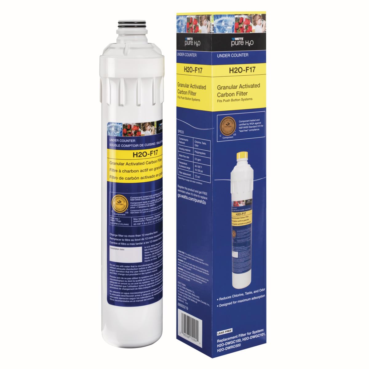 Watts Premier H2O-F17 Pure H2O GAC Carbon Filter Replacement for H2O-DWGC100, H2O-DWGC101, H2O-DWRO300 Under Counter Water Filtration Systems, Push Button Design