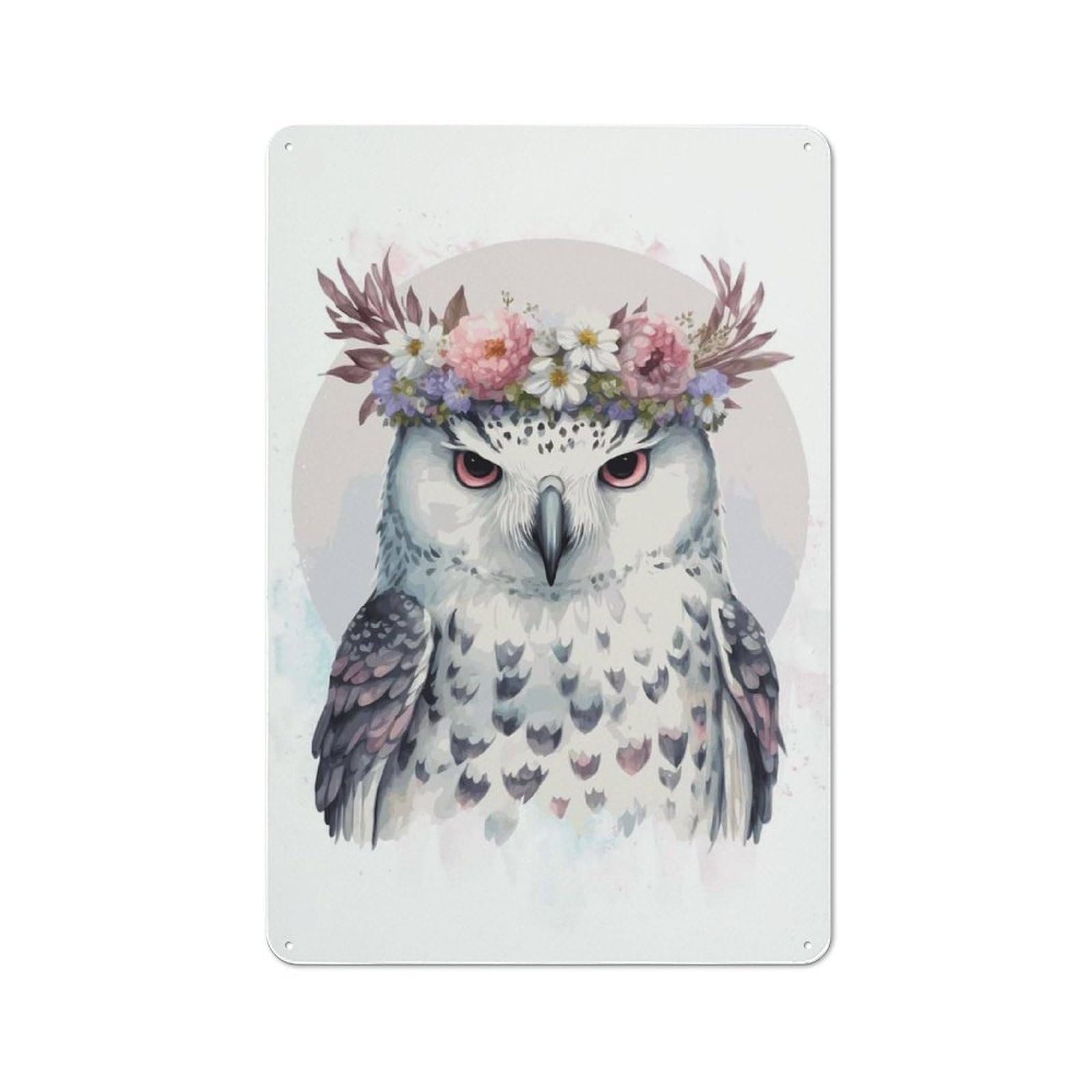 Junmoney Style-4 Metal Plaque With Floral Watercolor Snow Owl Design 30X20cm, Cosy Diner Style Decor For Coffee Bar, Kitchen, Bistro Or Tea Corner