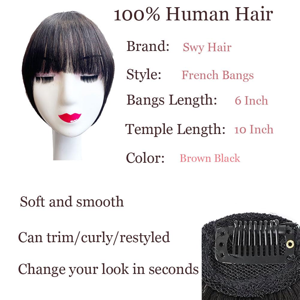 Swy Hair Bangs Hair Clip in Bangs 100% Real Human Hair Extensions Wispy Bangs Clip on Air Bangs for Women Hairpieces Curved Bangs for Daily Wear (Z-Brown Black - Image 2