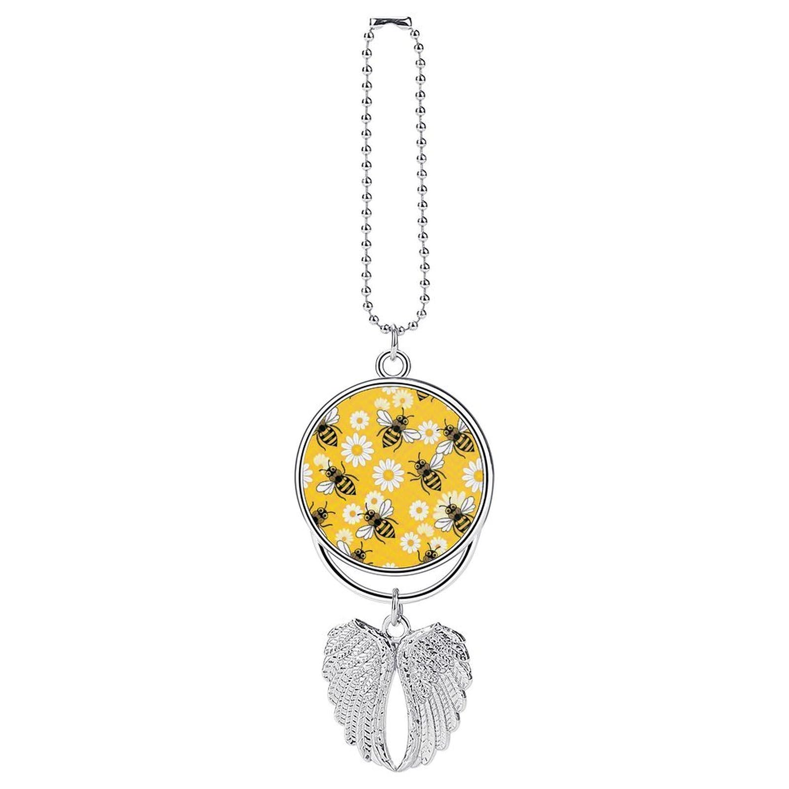 Bee Daisy Pattern Car Pendant Car Rearview Mirror Pendant Custom Photo Car Hanging Ornament Car Rear View Mirror Hanging Accessories Angel Wing Car Charm Gift for Men Women