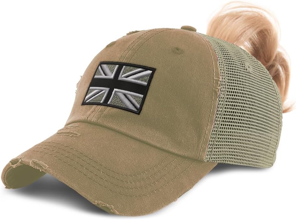Speedy Pros Ponytail Cap Women's Baseball Cap Embroidered British Flag Black White England English Cotton
