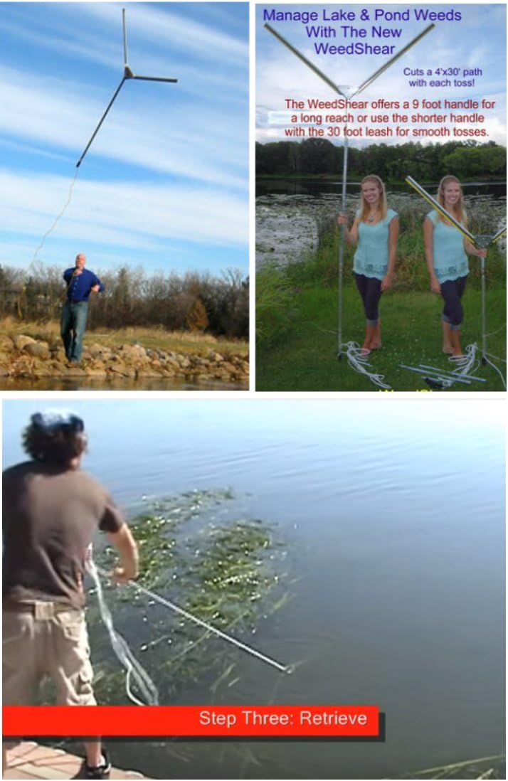 Water Land & Home Weed Shear 49" Aquatic Weed Cutter – V-Shaped Razor Blade Lake & Pond Seaweed Removal Tool – Cuts Milfoil, Hydrilla, Lily Pads – Includes Cord, Sharpener & Gloves