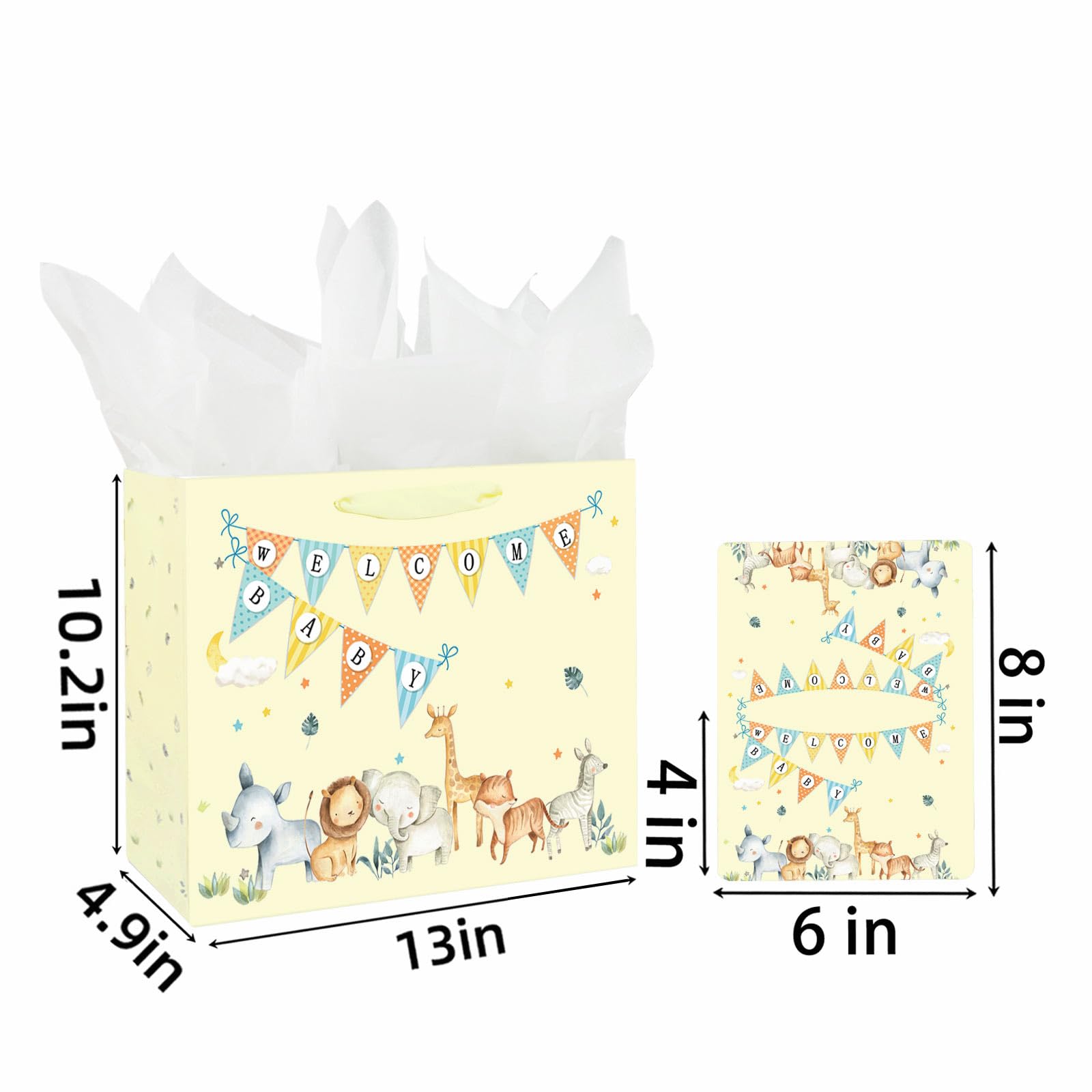 Laidans 13" Large Baby Boy Girl Gift Bag for Baby Shower with Tissue Paper and Greeting Card (Yellow)