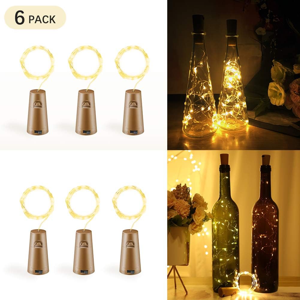 LED Bottle Lights with Cork, 6Pack BIG HOUSE Fairy Lights Cork Copper Wire Lamp, 2M 20LEDs Battery Operated Wine String Light, for DIY, Party, Decor, Christmas, Halloween,Wedding (2m/7.2ft Warm White)