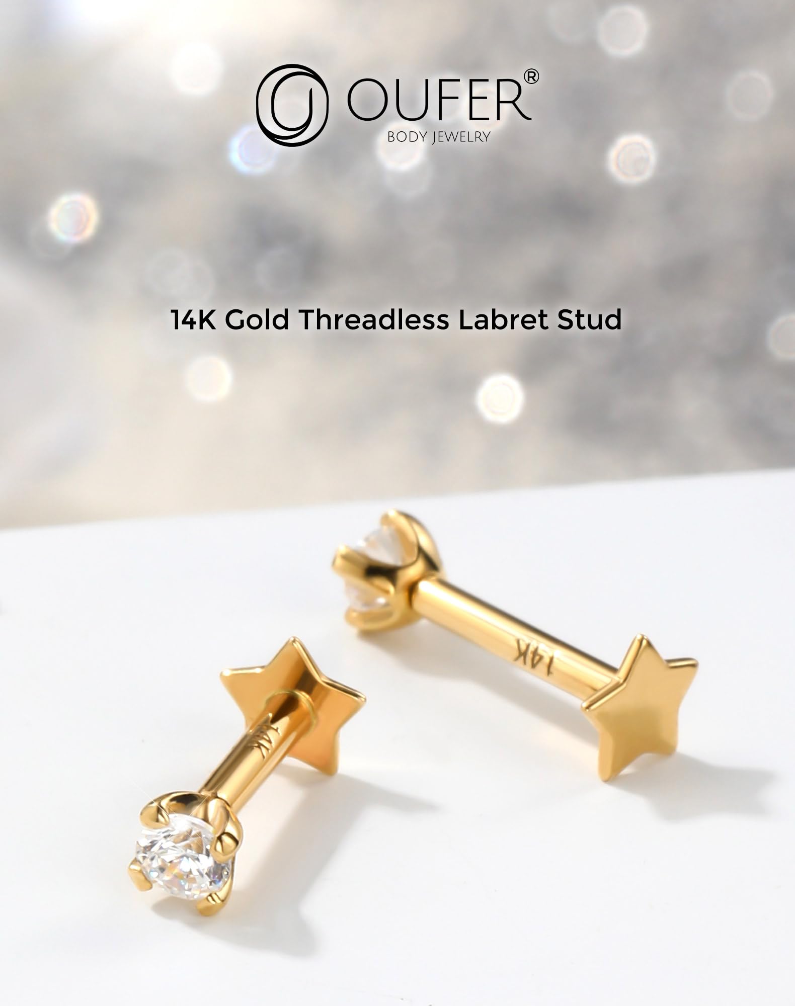 OUFER Body Piercing Labret Piercing Jewellery 6/8mm Lip Stud Push in Cartilage Earring 16G Helix Piercings Threadless Conch Tragus Piercing Jewellery Clear CZ Labret Earrings