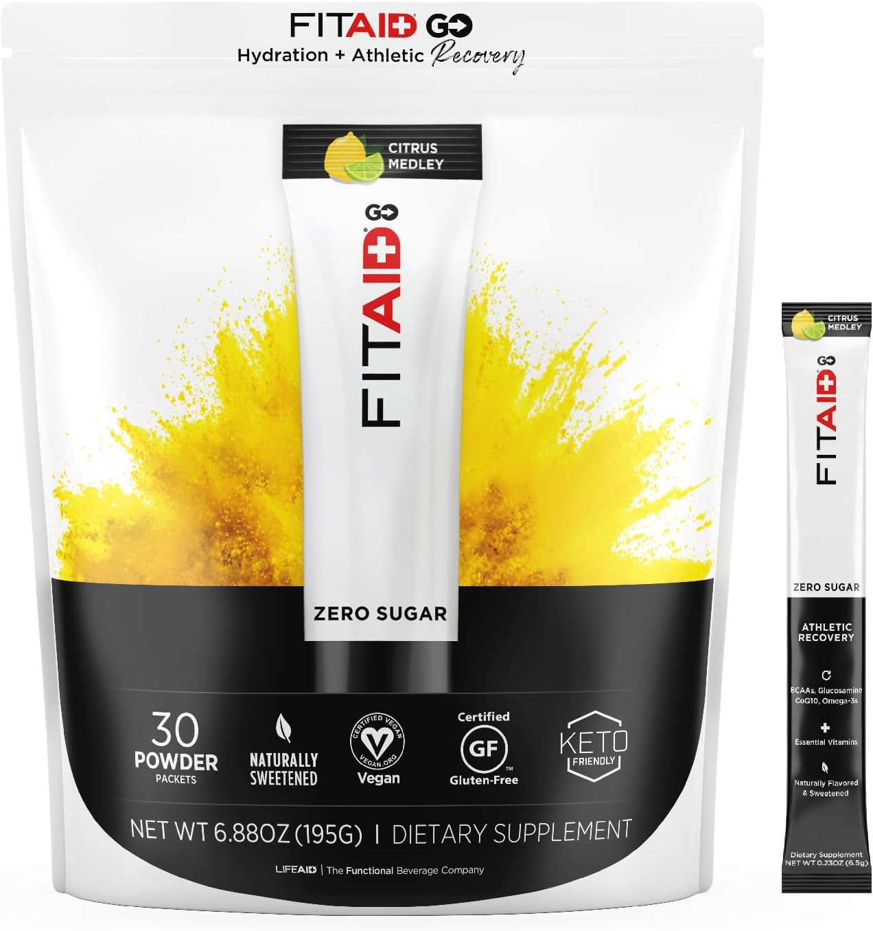 FITAID GO! ZERO SUGAR Recovery + Hydration Packet, W/ BCAAs, Glucosamine, Electrolytes, Omega-3s, 100% Clean, Vegan & Gluten-Free, Naturally Sweetened, 30 Count (Pack of 1)