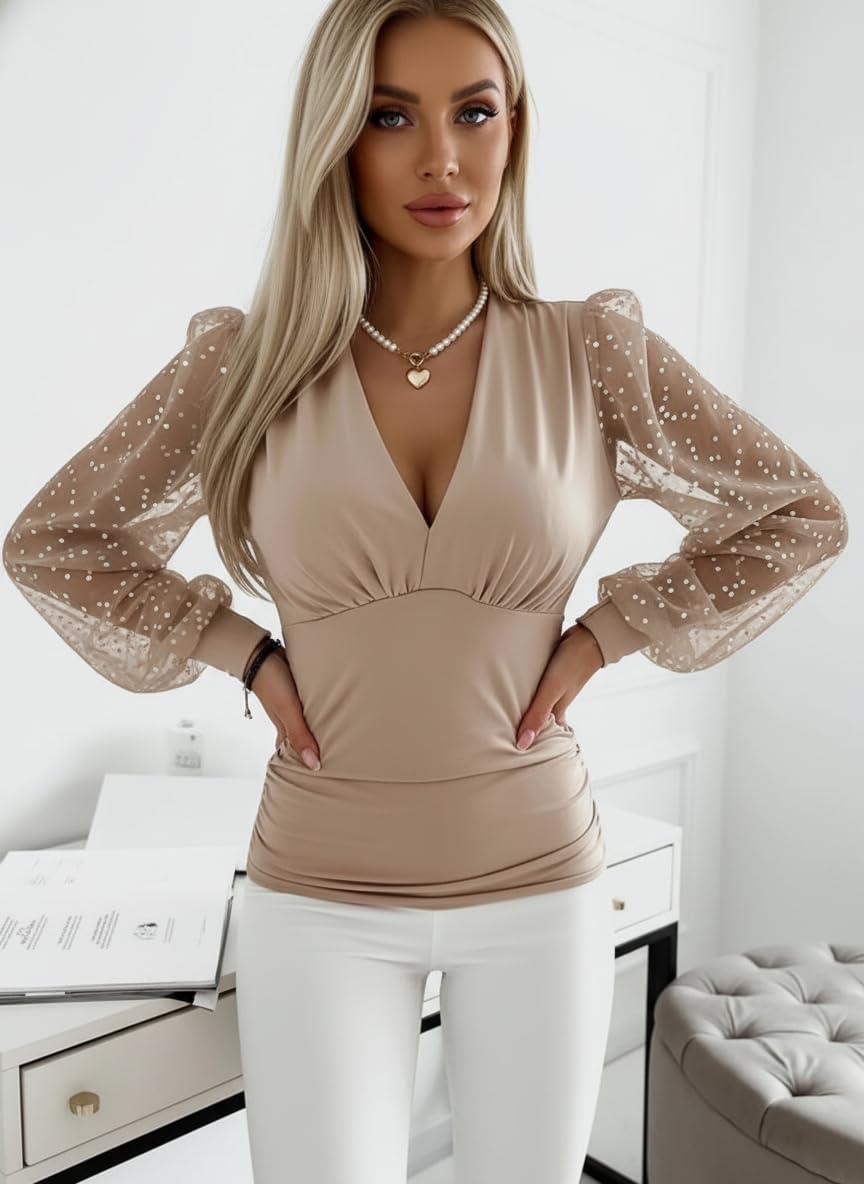 Women’s Deep V Neck Ruched Sheer Sequin Long Sleeve Dressy Top – Sexy Going Out Blouse for Party & Date Night - Image 2