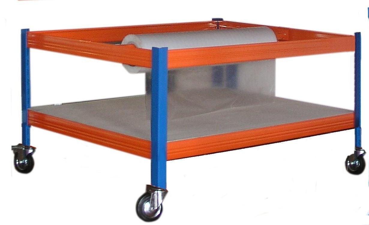 Profi-Verpackungsstation 2, HxBxT: 150x180x120 cm, 300 KG/Holzboden, inkl. Rollwagen 55x80x120 cm, blau/orange (Packtisch Rollenhalter Arbeitstisch Werktisch)