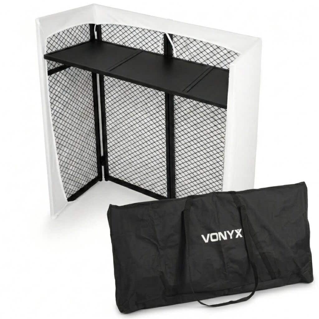Vonyx DBC105 - Mobiler DJ Tisch Klappbar - 1 Meter, Kompakter DJ Pult inkl. Tasche & 2 Cover (Weiß/Schwarz), 25kg Belastbar, Mobiler DJ Stand für Equipment & Controller - Alu Schwarz