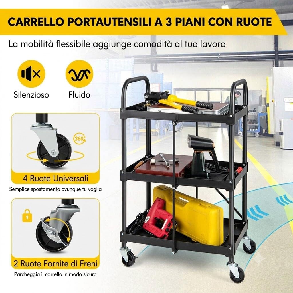 HYTAMA TOOLS Carrello di Servizio 65x40,5x96cm Carrello a Mano Multiuso 3 Ripiani Capacità Totale 60kg, con Ruote Girevoli 360° 2 Ruote con Freni, Carrello Portaoggetti da Garage Giardino