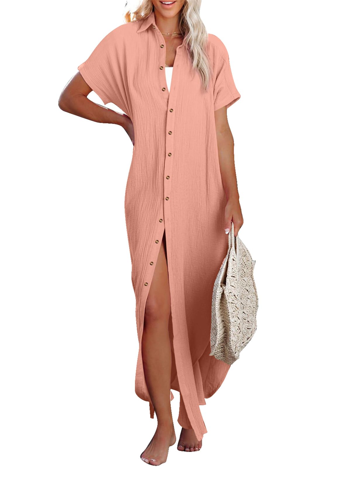 dokotoo Womens Casual Short Sleeve Side Split Button Down Long Kimonos Cardigans Swimsuit Cover Ups-picture-39