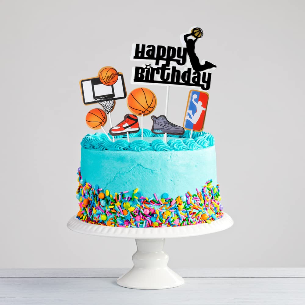 Cake Topper Per Torta Buon Compleanno – Tema Basket Con Giocatore E Pallone – 6 Pezzi In Cartone – Decorazione Originale Per Festa A Tema Sport Per Bambini E Ragazzi