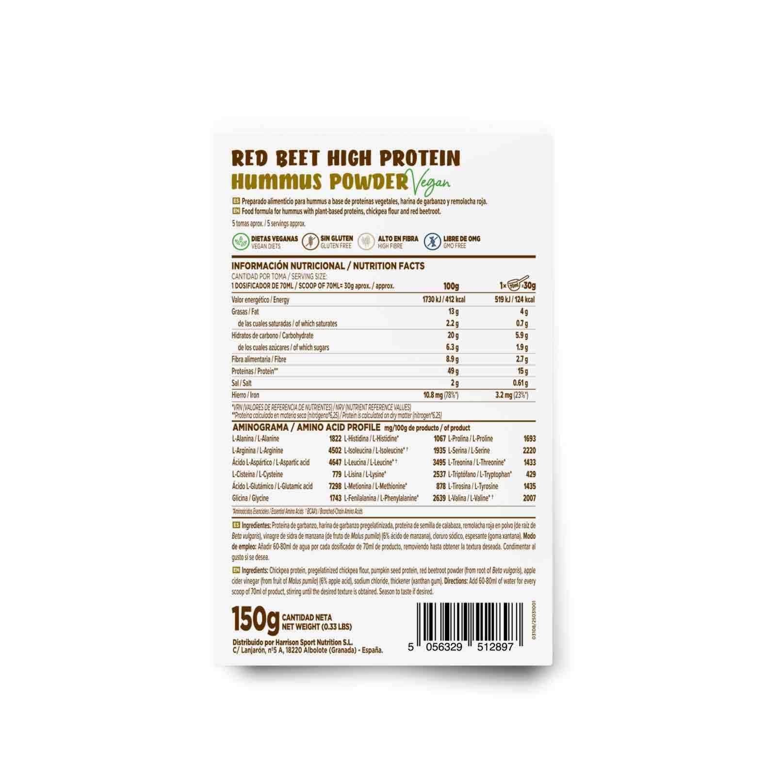Hummus en Polvo de HSN | Hummus de Garbanzo y Remolacha Roja 150 g = 5 Tomas por Envase ALTO en proteínas | No necesita Refrigeración | No-GMO, Vegano, Sin Gluten