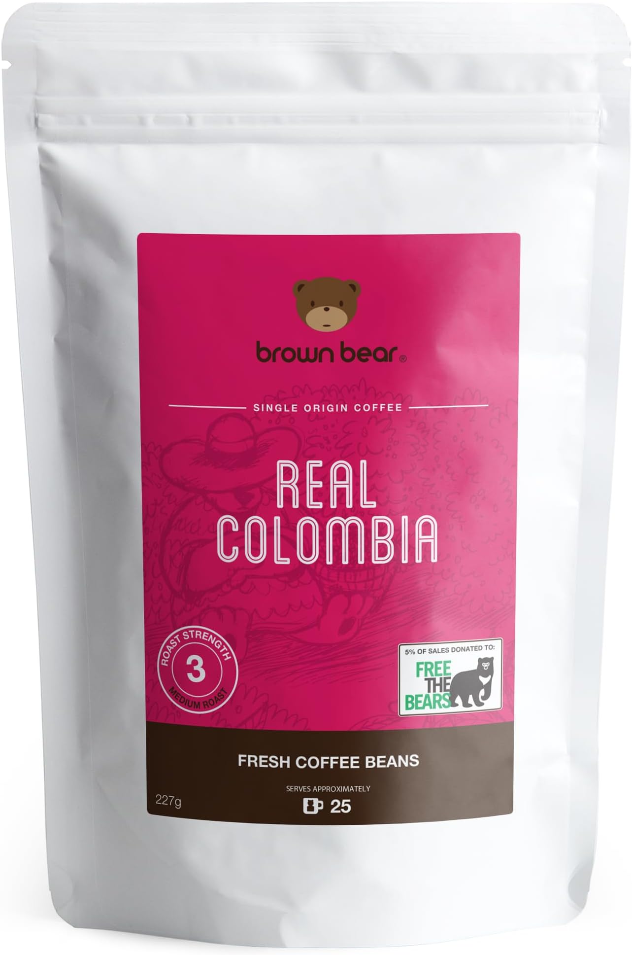 Colombian Coffee Beans 227g - Medium Roast - for All Coffee Machines - Brown Bear Colombia Arabica Coffee - Strength 3 - Donation to Free The Bears - Columbia