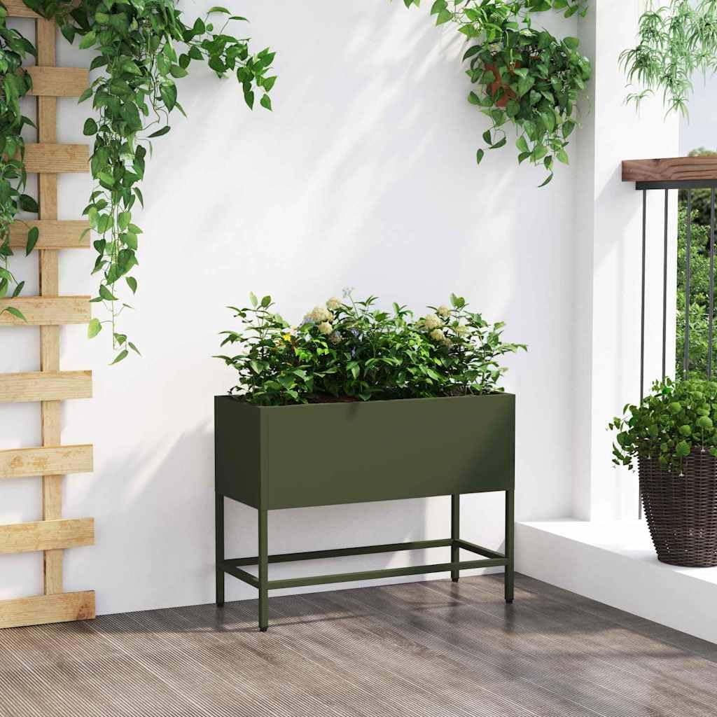 Podwyższona grządka ogrodowa, oliwkowa zieleń, 60 x 26 x 45 cm, stal, wytrzymała metalowa skrzynka na rośliny do użytku na zewnątrz, odporna na promieniowanie UV, łatwy montaż, idealna do ogrodu i na