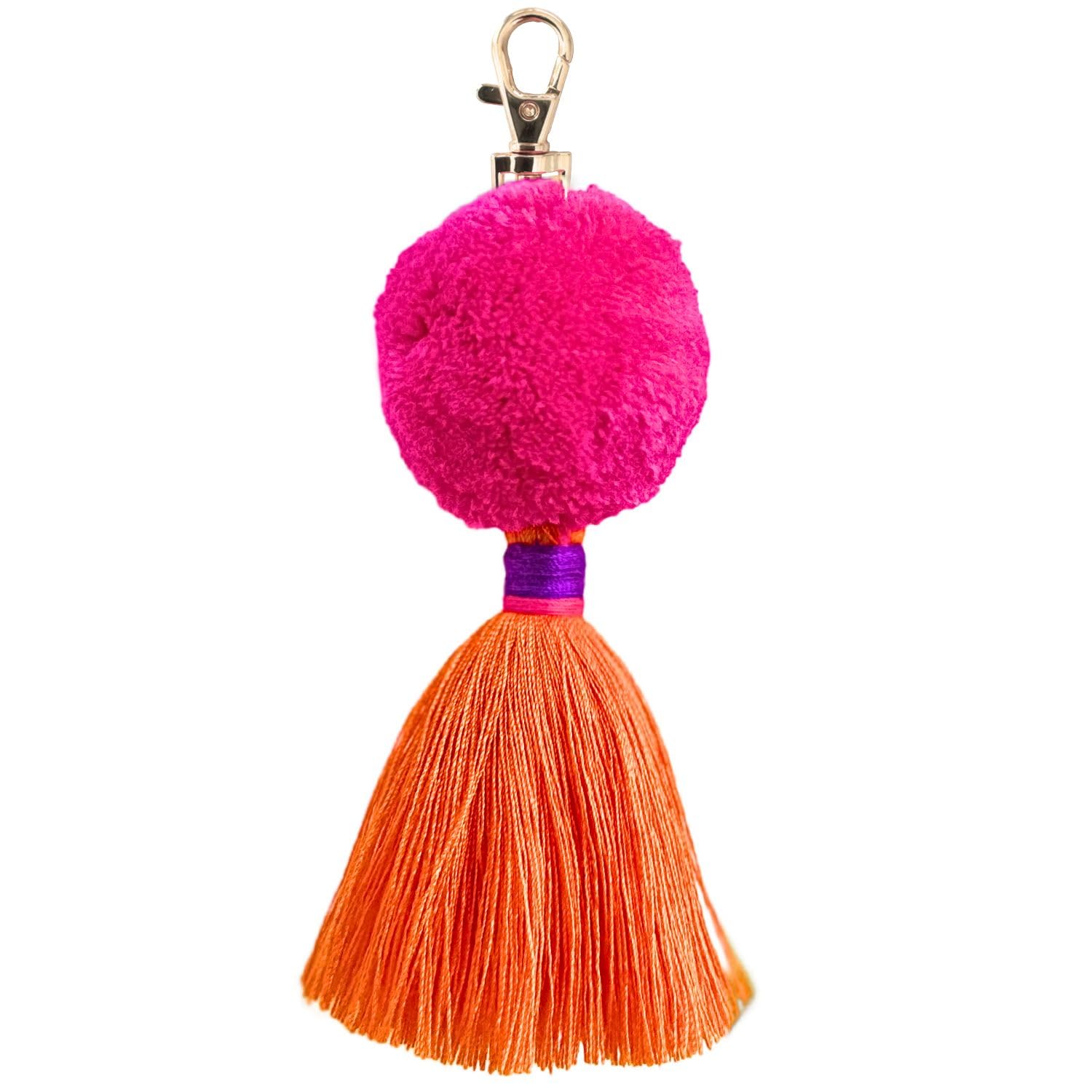 happymaker - Pom Pom Schlüsselanhänger pink, Anhänger Tasche Damen, Bommel Anhänger mit Quaste und Karabiner, Bunter Anhänger für Schlüssel oder Handtaschen, Schlüsselanhänger Bommel