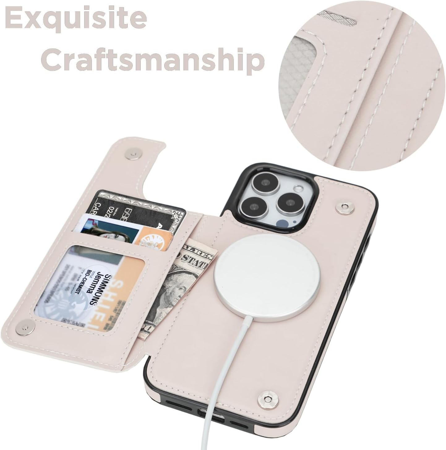 uCOLOR for iPhone 16 Pro 6.3" Wallet Case Magsafe with Card Holder Slot【Compatible with MagSafe】 Folio Flip PU Leather Double Magnetic RFID Design with Camera Lens Protector (Pink Vintage Flowers) - Image 3