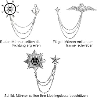Huture 3 Pezzi Spilla ad Ala con Catena di Nappa Timone Distintivo Scudo Distintivo Catene appese Collare Spille Abito Lavoro Camicie Smoking Sciarpa Cravatta Regalo di Compleanno da Uomo, Argento