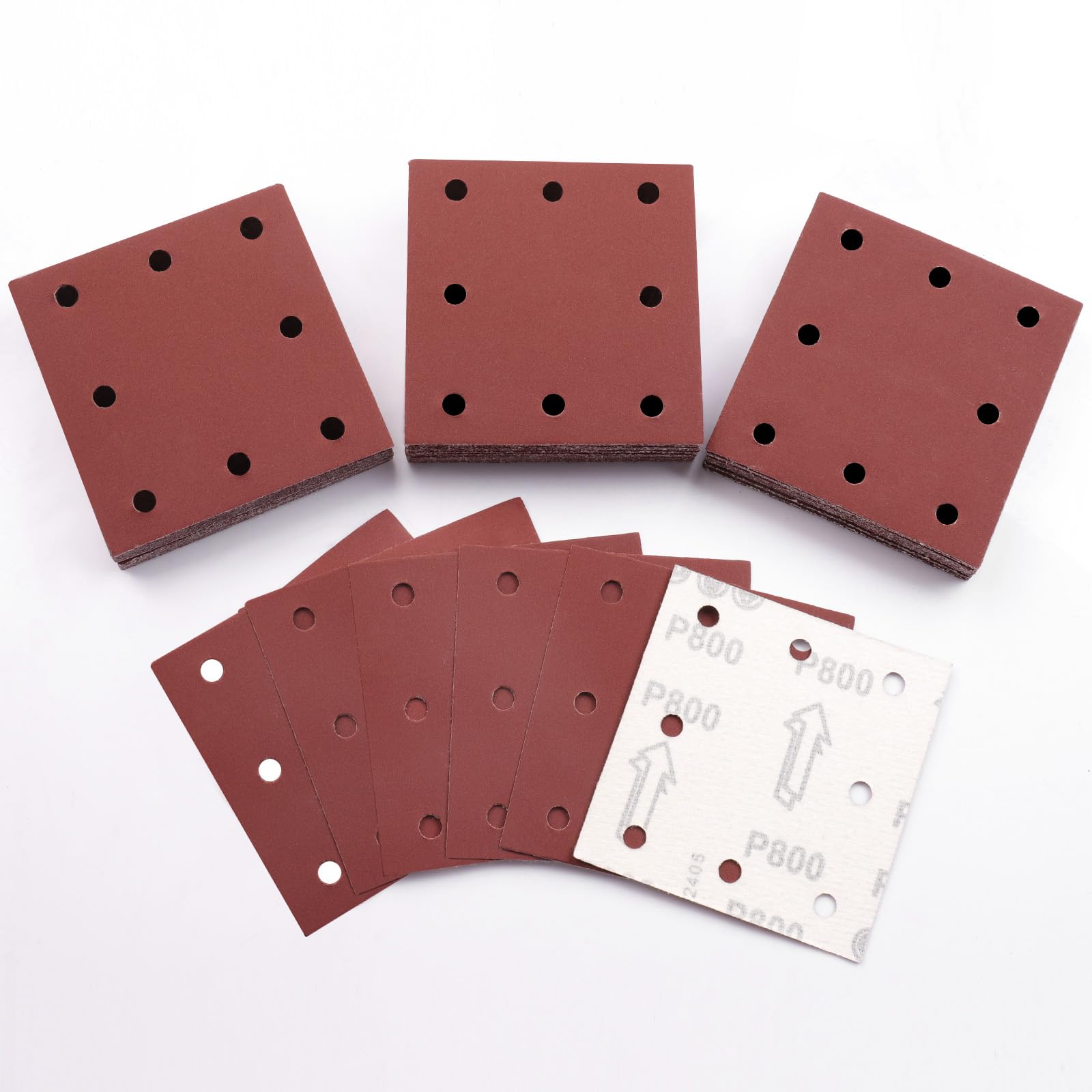 Sruhrak 110x115mm Schleifpapier, 50 Stück Schleifblatt 800 Körnung Set Rechteckiges Schleifblatt Klett 8 Löcher Schleifpad für Schwingschleifer