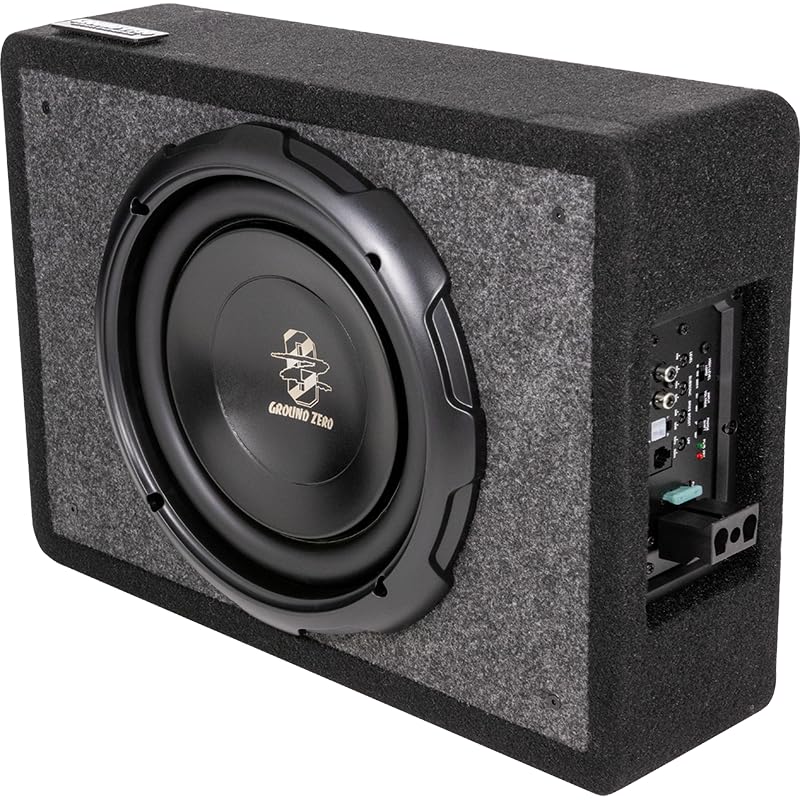 Ground Zero GZCS 25SUB-ACT Aktiv-Gehäusesubwoofer, 25 cm, 320/430 Watt, 50-150 Hz, 9-16 Volt, Downfire, Holz