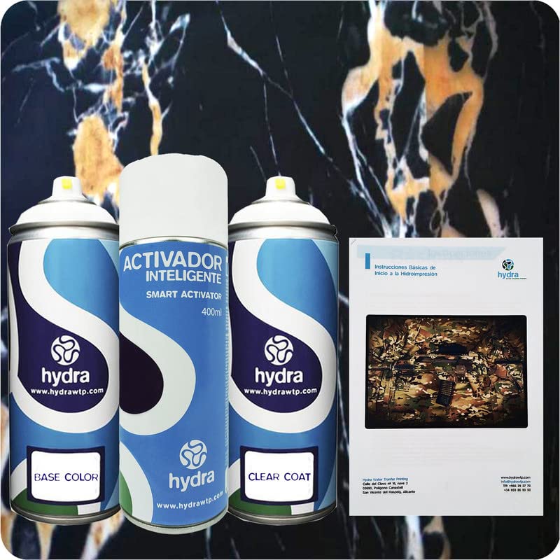 STARTER Zestaw hydroprint: 1 x aktywator 400 ml + 1 odpowiedni lakier i kolor tła 400 ml + 1 instrukcja + 1 x folia hydrodrukarska z efektem czarnego marmuru, szerokość: 100 cm, długość: 800 cm (HMM