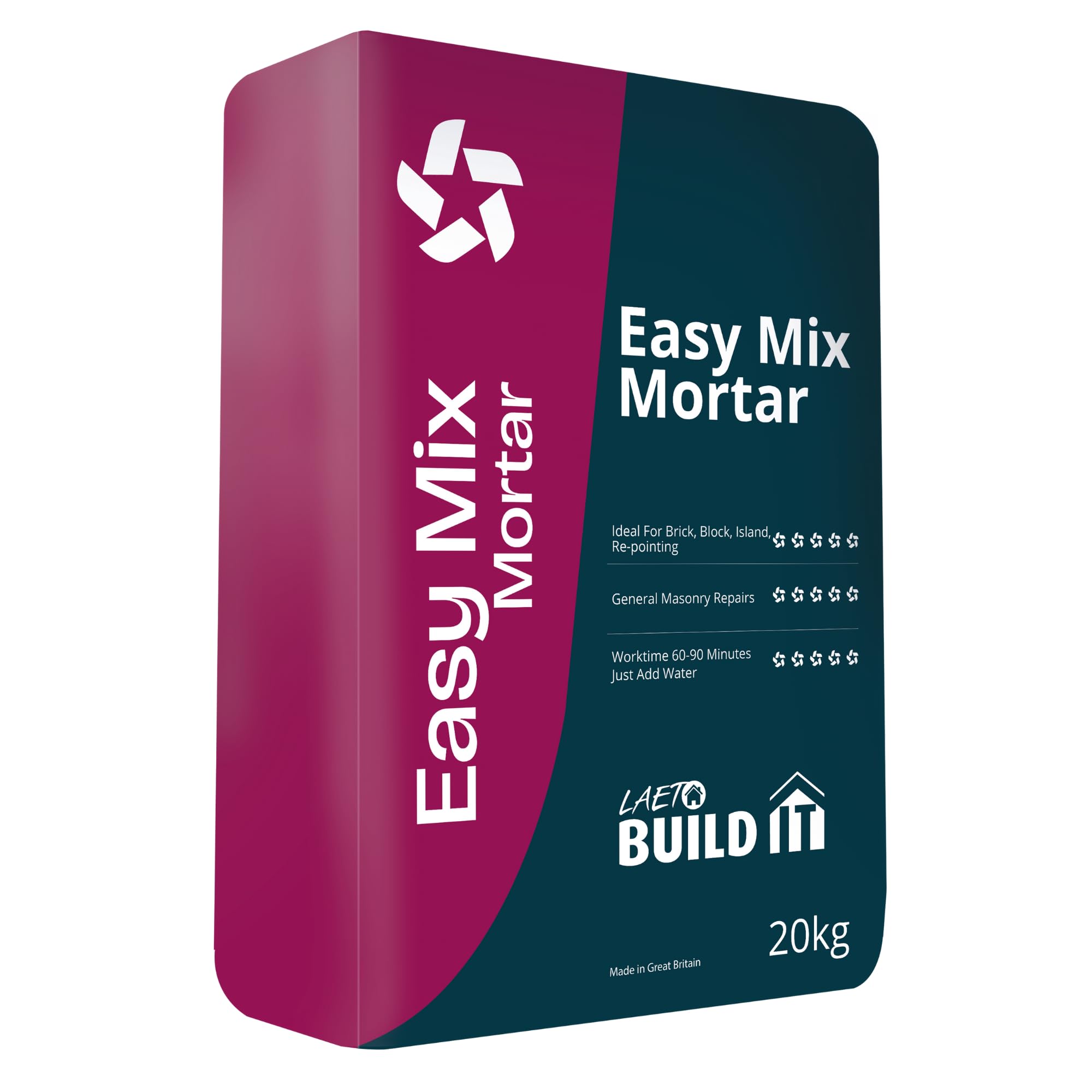 Laeto Easy Mix Mortar – 20kg Ready Mixed Mortar for Bricklaying, Bedding, Patching & DIY Jobs – Pre-Blended Cement Mortar for Indoors & Outdoors – Just Add Water, Easy to Apply