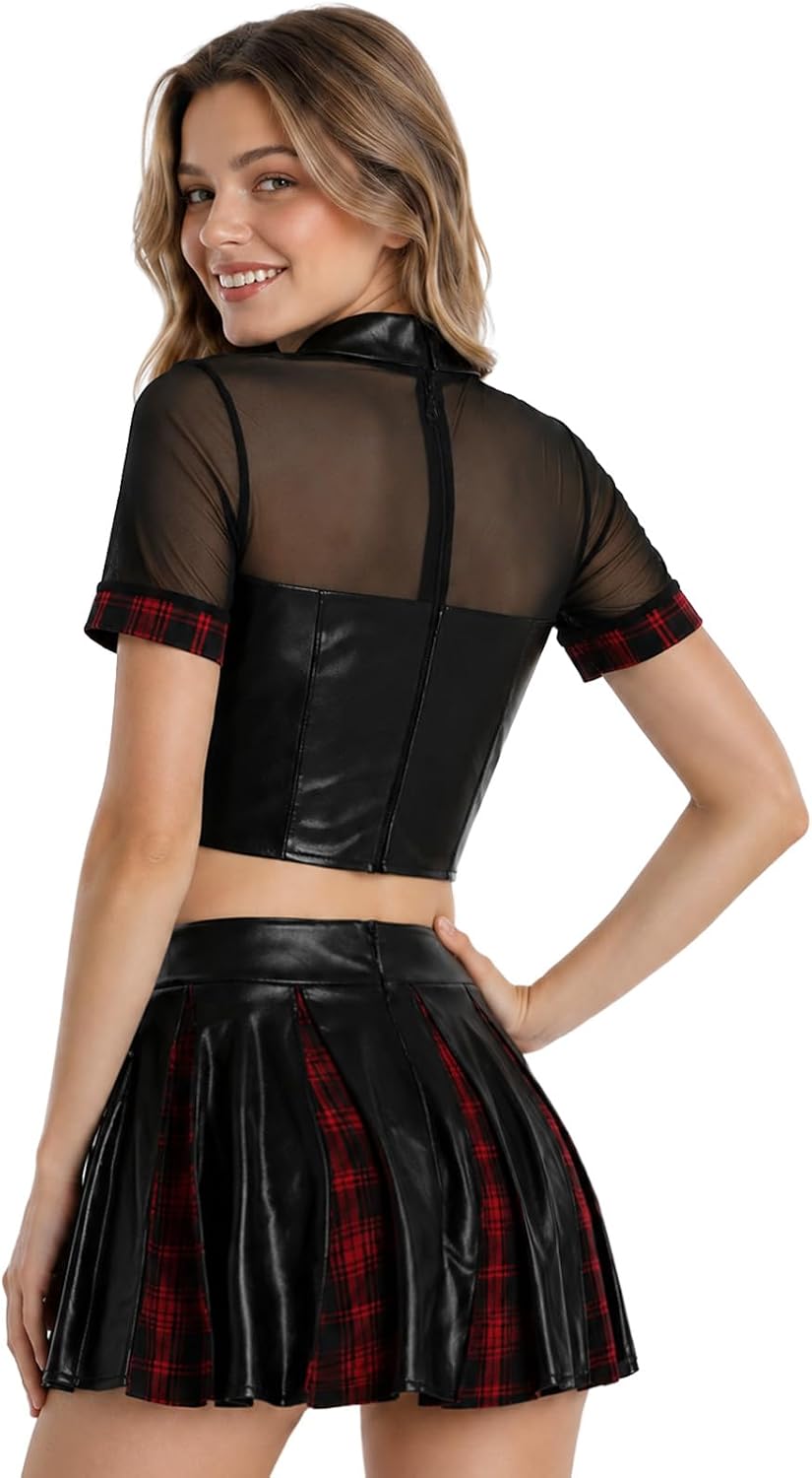 2 PCS Women's Schoolgirl Costume, PU Leather Crop Top with Faux Tie and Red Plaid Spliced Mini Skirt