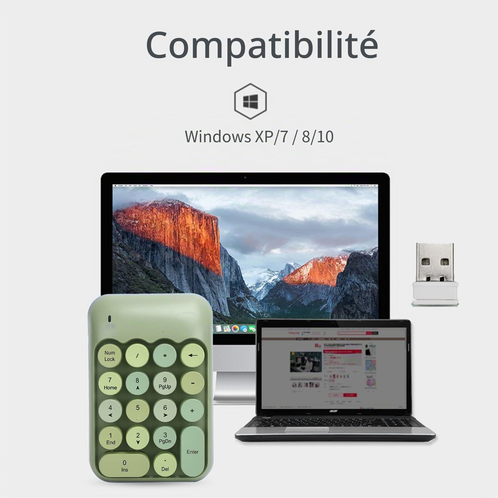 Pavé Numérique Mécanique, Pavé Numérique sans Fil 2.4G à 18 Touches, Clavier Numérique Rétro Mignon de Couleur Mélangée, pour PC, Ordinateur Portable, Ordinateur Portable, Etc.(Vert)