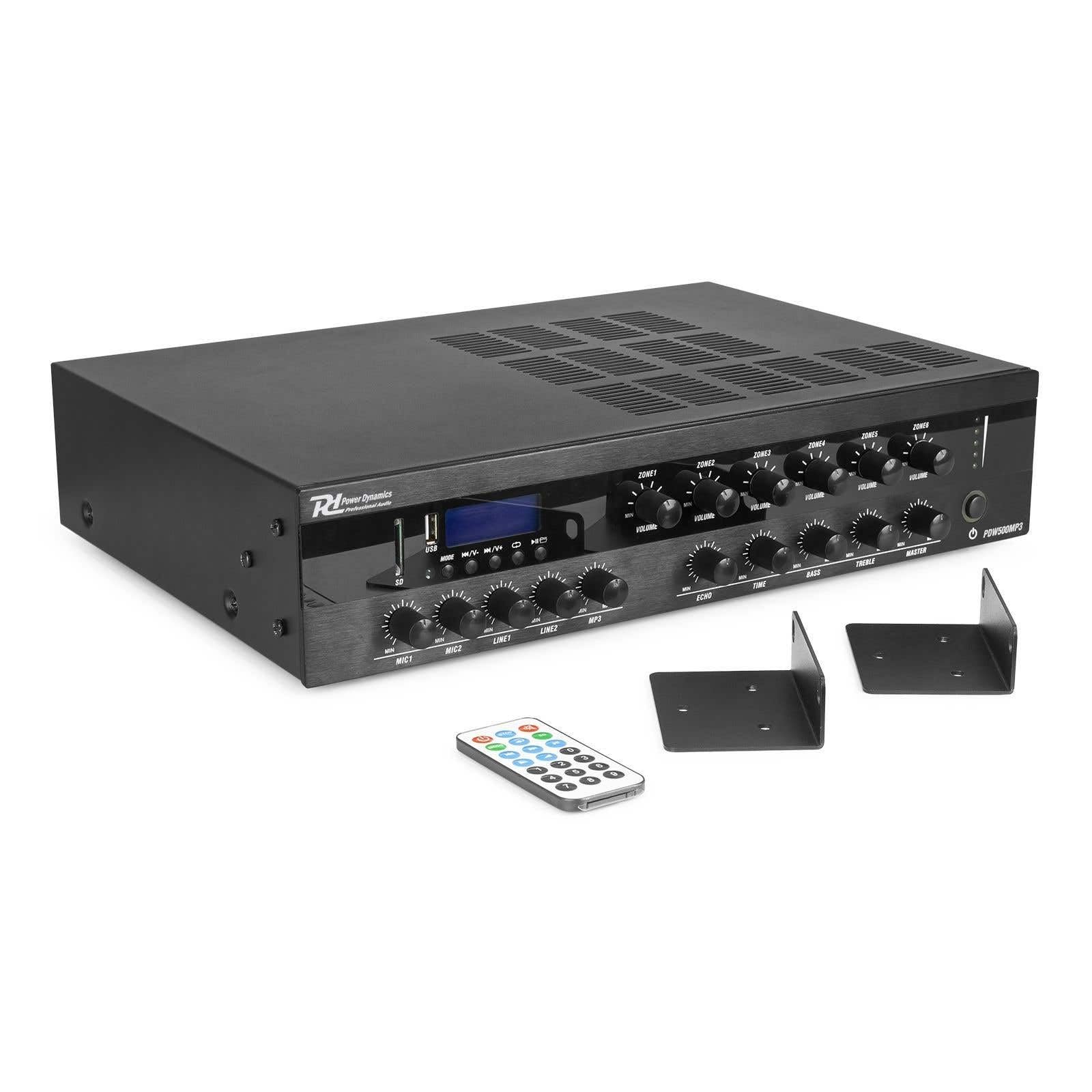 Power Dynamics PDW500MP3 Amplificateur 100V 6 Zones 500 Watts Bluetooth MP3 USB SD Radio FM XLR