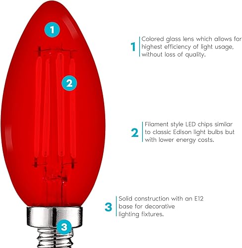 Miniatura 4 de LUXRITE Bombillas LED E12 de filamento rojo, 4.5 W (equivalente a 40 W), bombilla de candelabro de vidrio de colores, certificación UL, base E12,