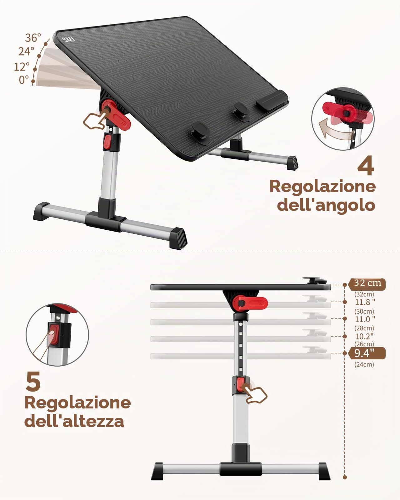 Tavolo, SAIJI Tavolino da letto, Regolabile in altezza, con 4 angolazioni regolabili, lapdesk pieghevole, per divano divano pavimento lavoro studio lettura scrittura mangiare (60 * 33 cm nero)