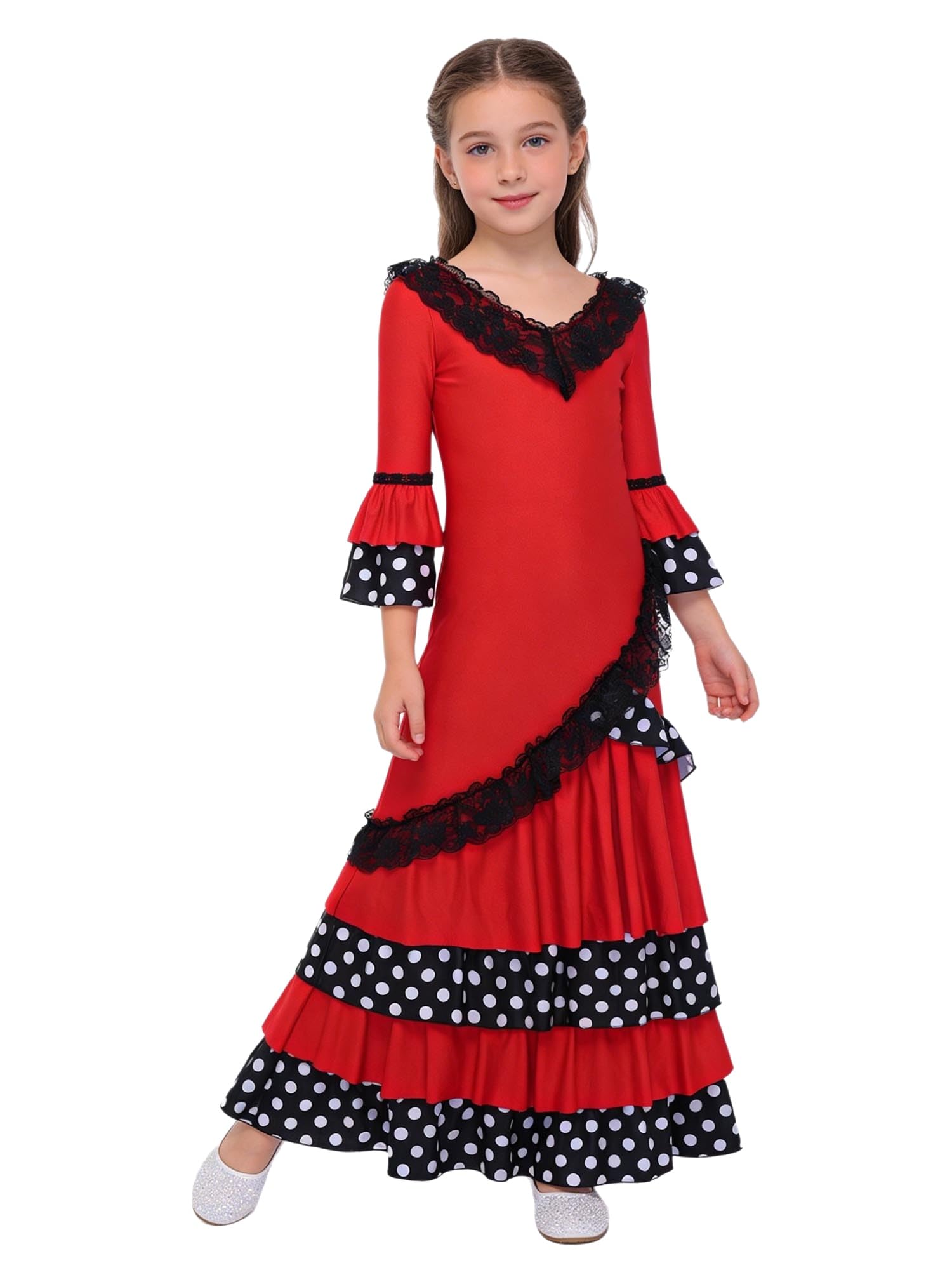 TiaoBug Robe de Flamenco Enfant Fille Longue Robe Traditionnelle Espagnole Déguisement Flamenco Sévillane Costume Carnaval Halloween Performance