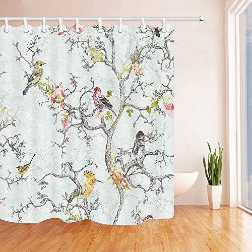 Nymb Asian Floral Style Shower Curtain, Spring All Kinds Of Birds And Flower On Wooden Tree Branch, Farmhouse Bathroom Polyester Fabric Waterproof Shower Curtain Set With Hooks, 69X70In #TOP1