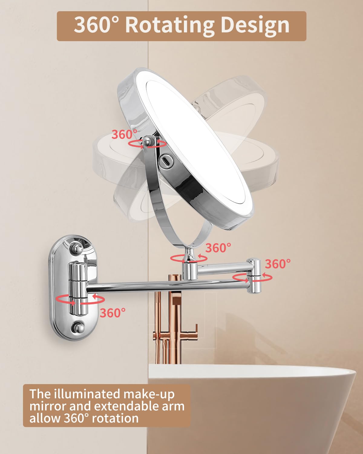 jutyum Lusterko kosmetyczne z oświetleniem LED, obracane o 360°, montaż ścienny, lustro do makijażu do łazienki, z oświetleniem 1x/10x, z oświetleniem, 3 kolory światła