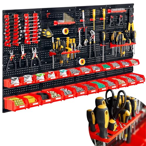 Mur à outils robuste noir et rouge pour l'organisation du garage