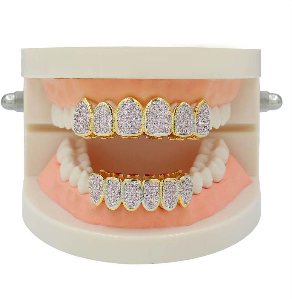 Hip Hop Unisex 18K Gold Plated Iced Out CZ Simulated Diamond Top Bottom Teeth Grillz Set for Men Women