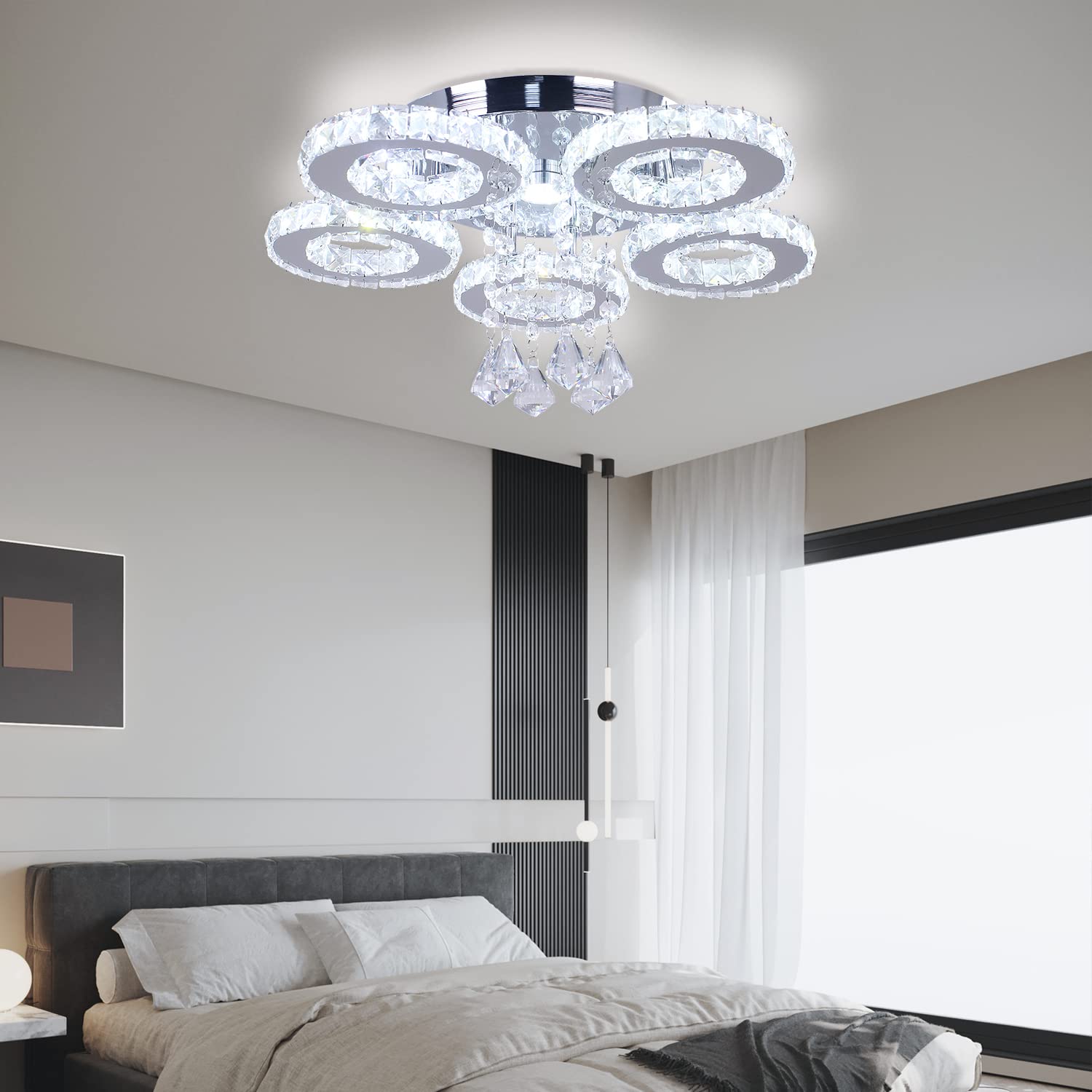Finktonglan Kristall LED Deckenleuchte 5 Ringe Moderne Kronleuchter Edelstahl Pendelleuchte Leuchte für Foyer Wohnzimmer Esszimmer Schlafzimmer (Kaltes Weiß)