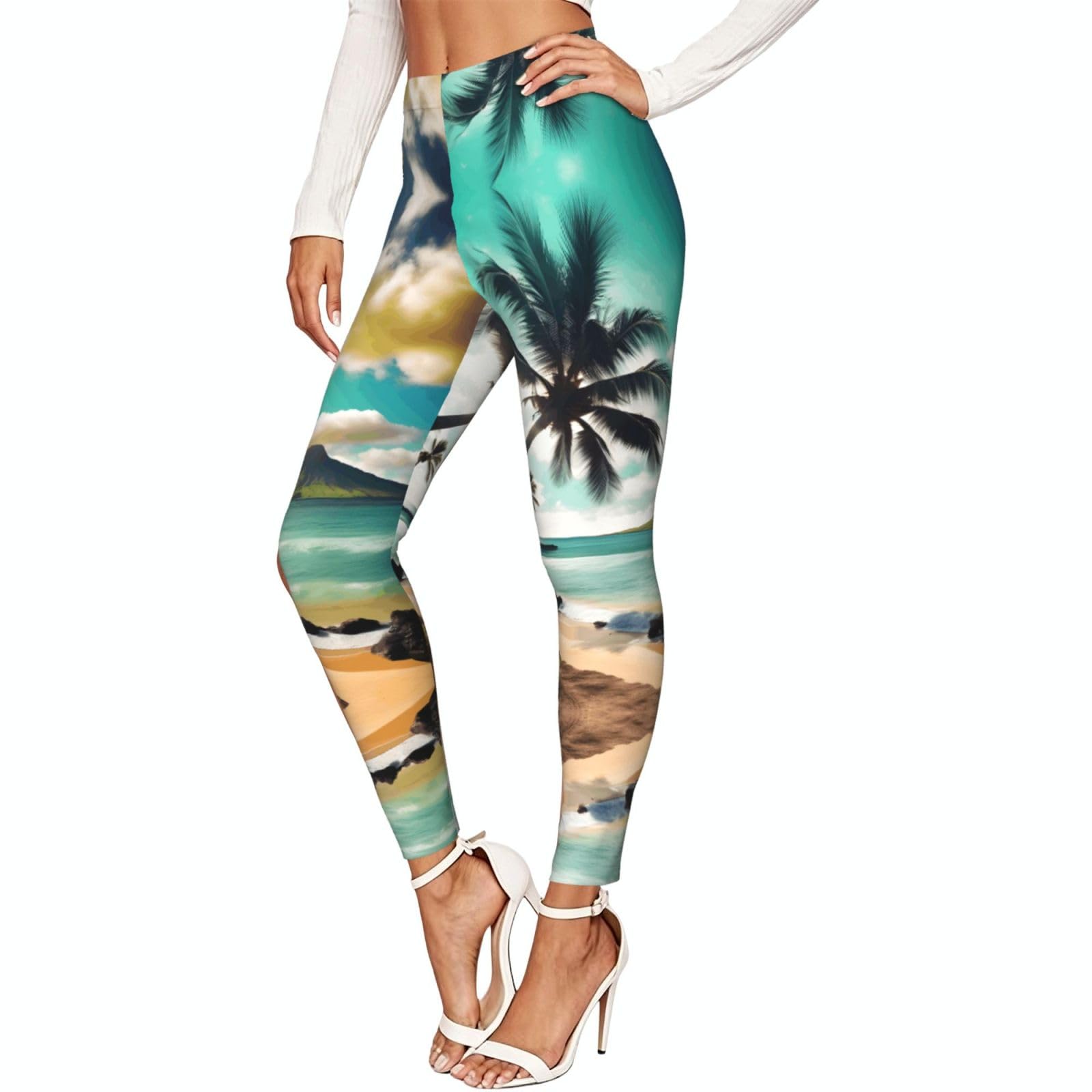 Leggings de compresión para mujer suaves con estampado tropical de palmeras 7
