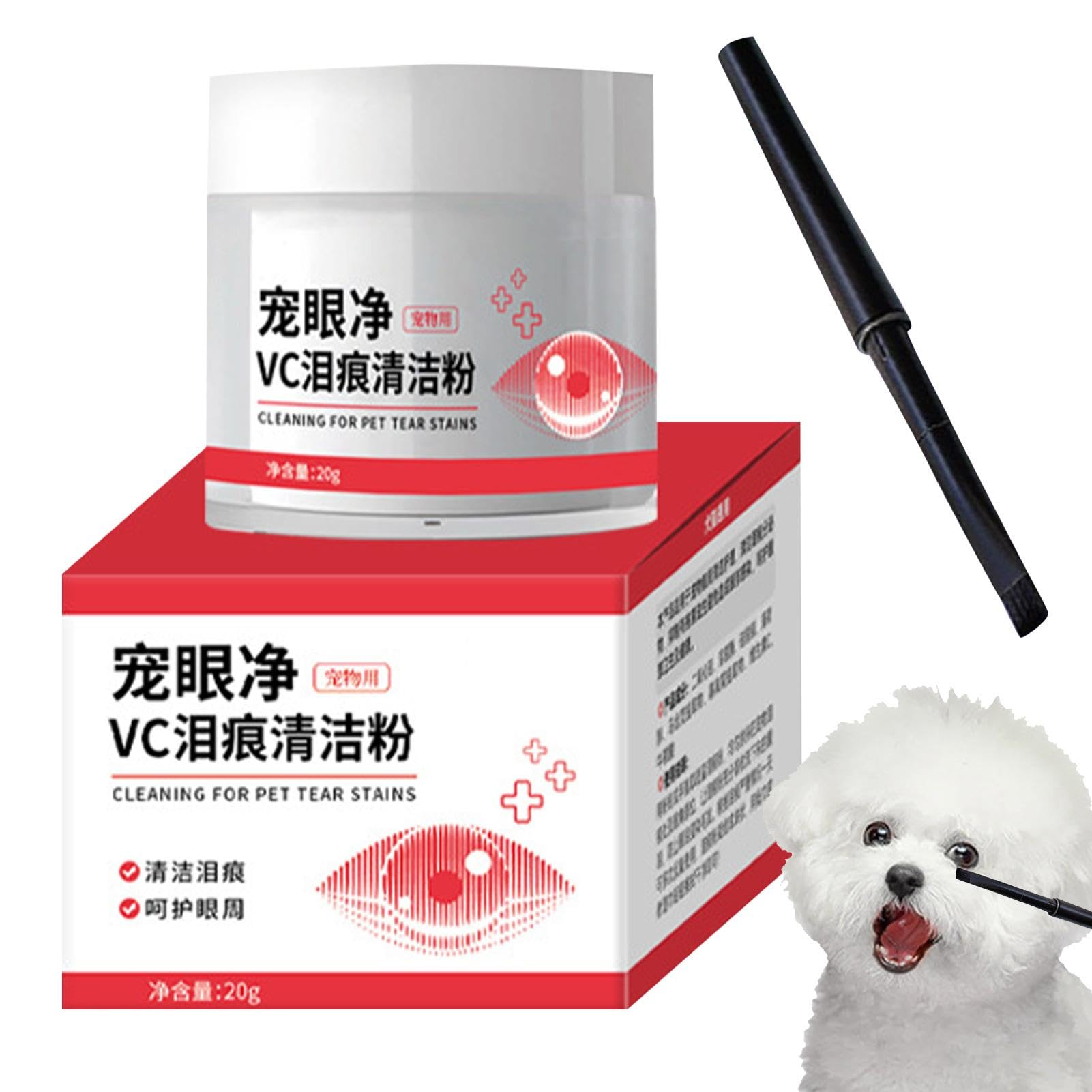 Détachant larme de chat 20 g pour chiens et chats - Poudre avec brosse - Rince-yeux pour animaux de compagnie - Naturel, sûr, absorbe les larmes