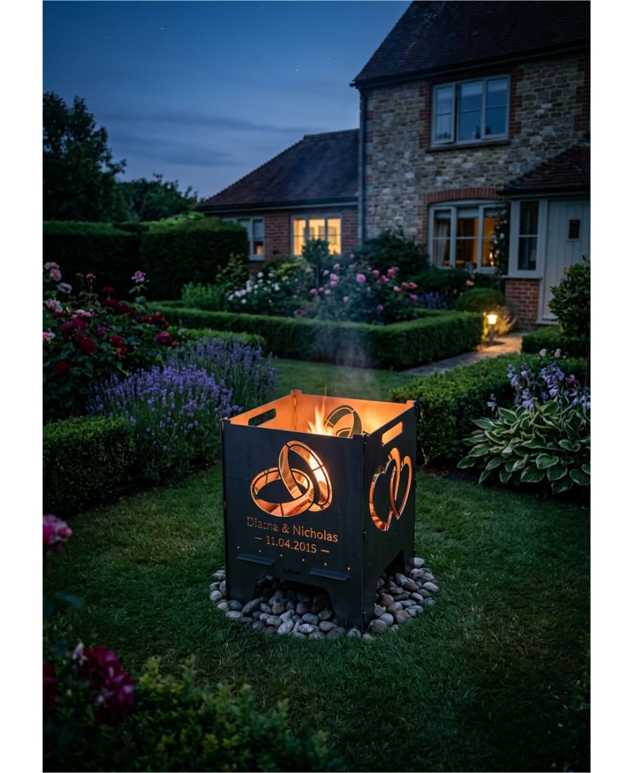 Lehnert Feuertonne Hochzeit 49 cm aus 3 mm Stahlblech personalisiert Feuerkorb Feuerschale Feuerstelle mit Zwei Herzen und Trauringen, große Massive und Feuerfeste Feuerstelle für Garten und Terrasse