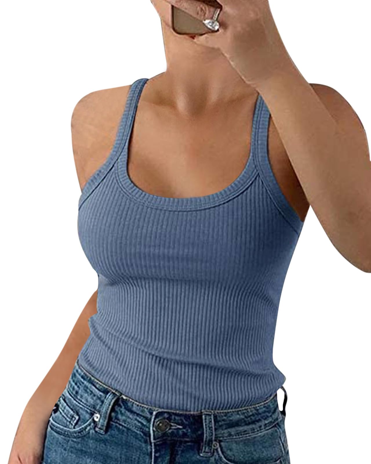 Wenrine Damen Spaghetti Tops Sexy U-Ausschnitt Tank Top Sommer Gerippt Tanktop Slim Fit Einfarbig Camisole