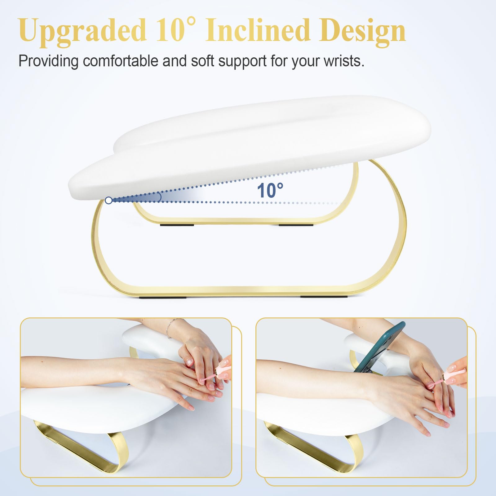 Bracciolo per unghie con supporto rotante per telefono, bracciolo per unghie Tech, in pelle PU, poggia mano a forma di U per tecnologia delle unghie, poggiamani per manicure per piedi, bianco