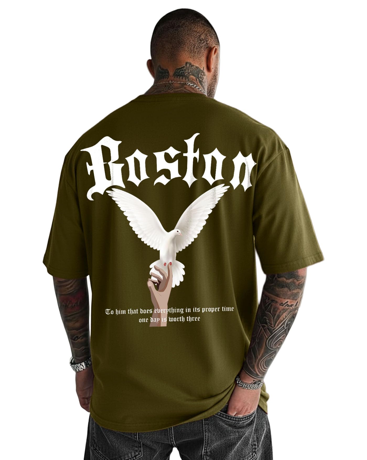 Urban Graphic T Shirt for Men's | Boston Letter Print Front & Dove Back Design | Men’s Oversized Streetwear Tee with Half Sleeve-image-29