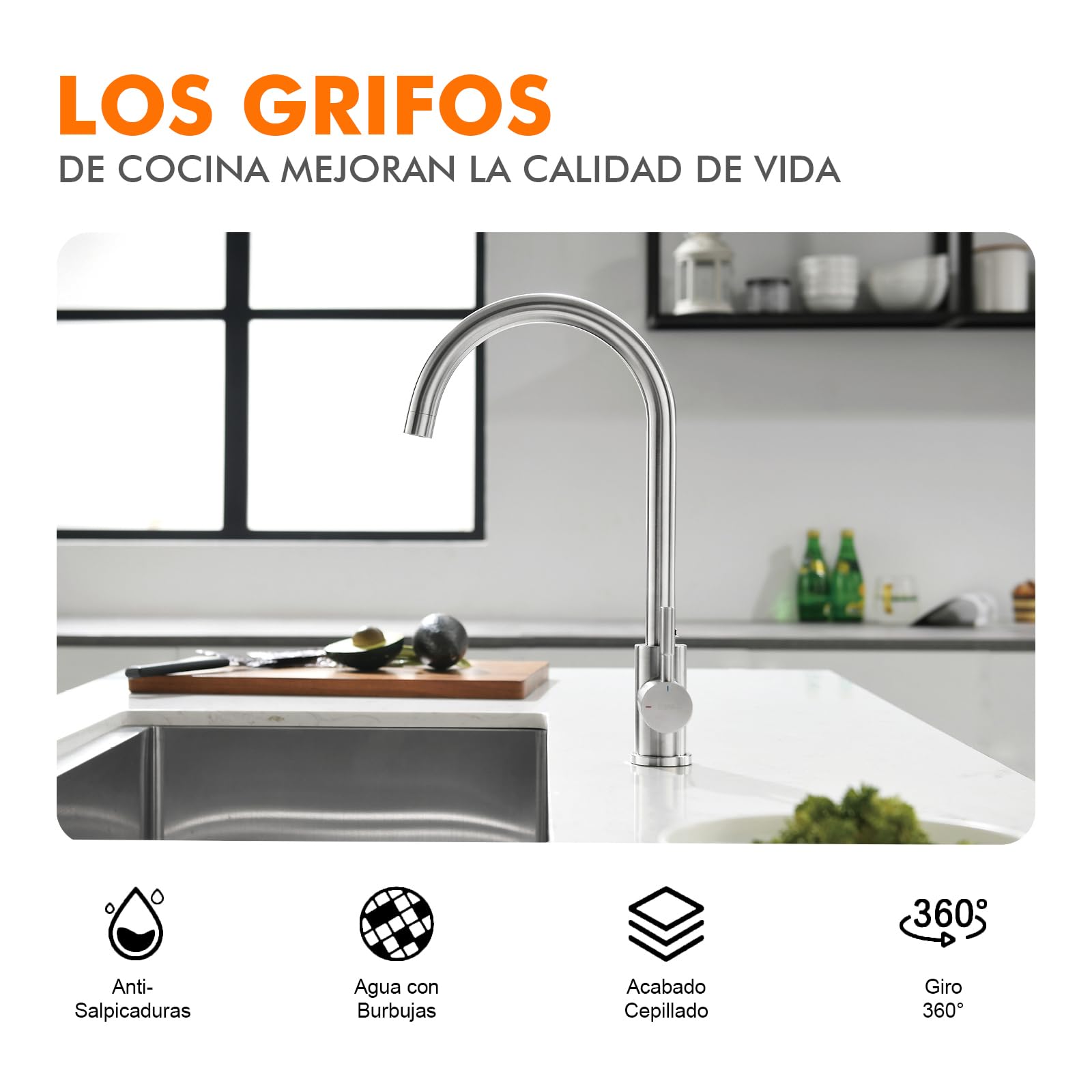 GRIFEMA Irismart G4008 Grifo de Cocina Alto con Caño Giratorio, Mezclador de Fregadero, Cold Start, Ahorro de Energía, Acero Inoxidable [Exclusivo en Amazon]
