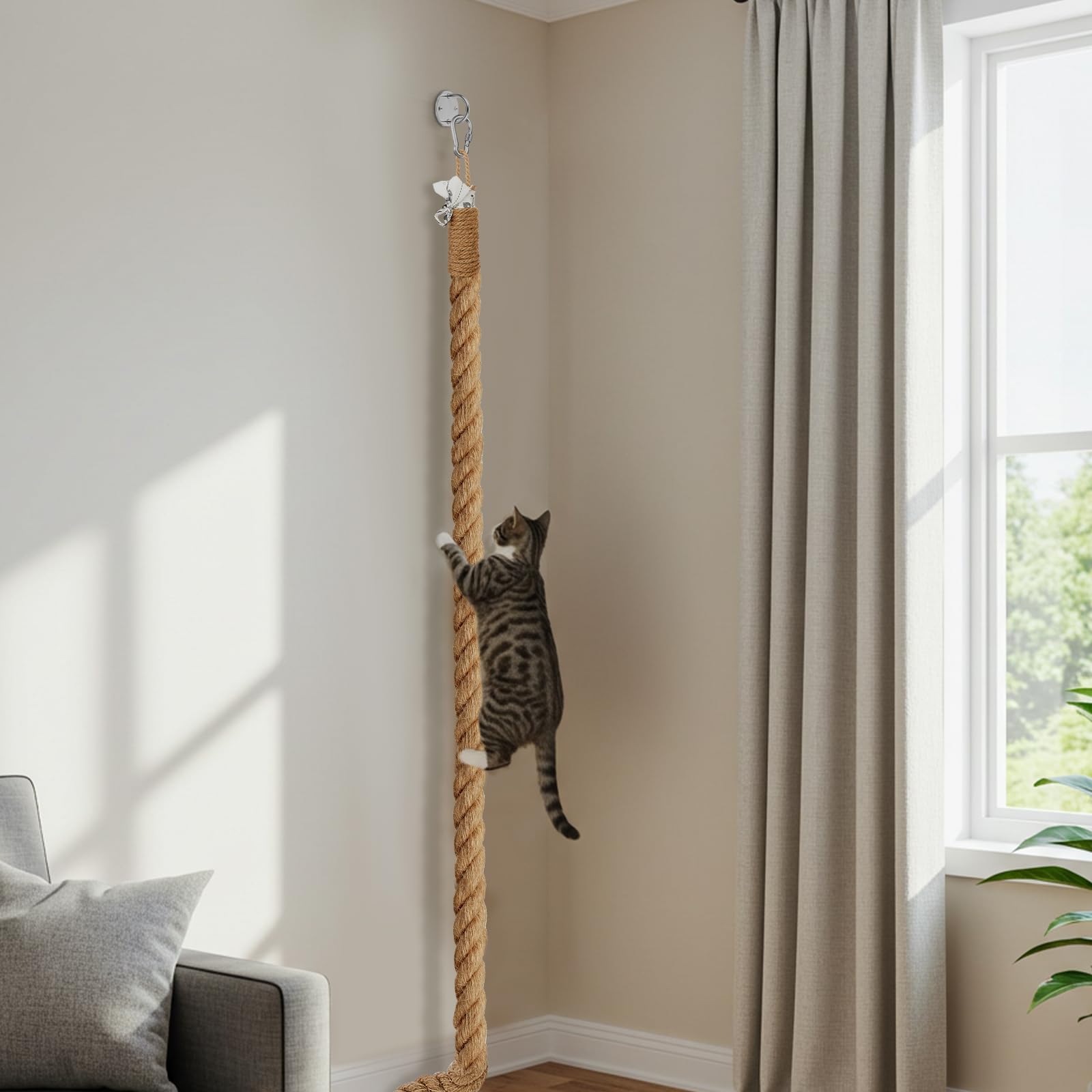 Weysat Katzenkletter-Juteseil mit Haken, Deckenmontage, Kätzchen, Kratzbaum, Kletterseil, Spielzeug für drinnen und draußen, 5 cm x 2,7 m