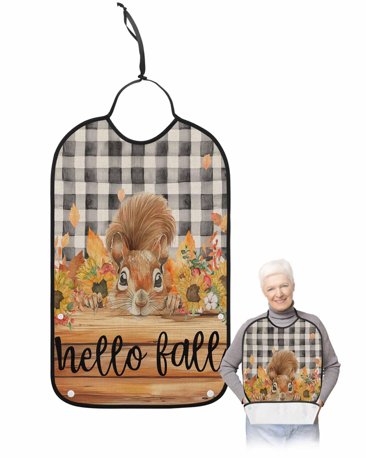 LEOKOTI Hello Fall Squirrel Adult Bibs for Eating, Waterproof Bibs with Food Catcher & Adjustable Snap Closure, Pumpkins Thanksgiving Black Plaid Washable Clothing Protectors Adult Bibs for Elderly