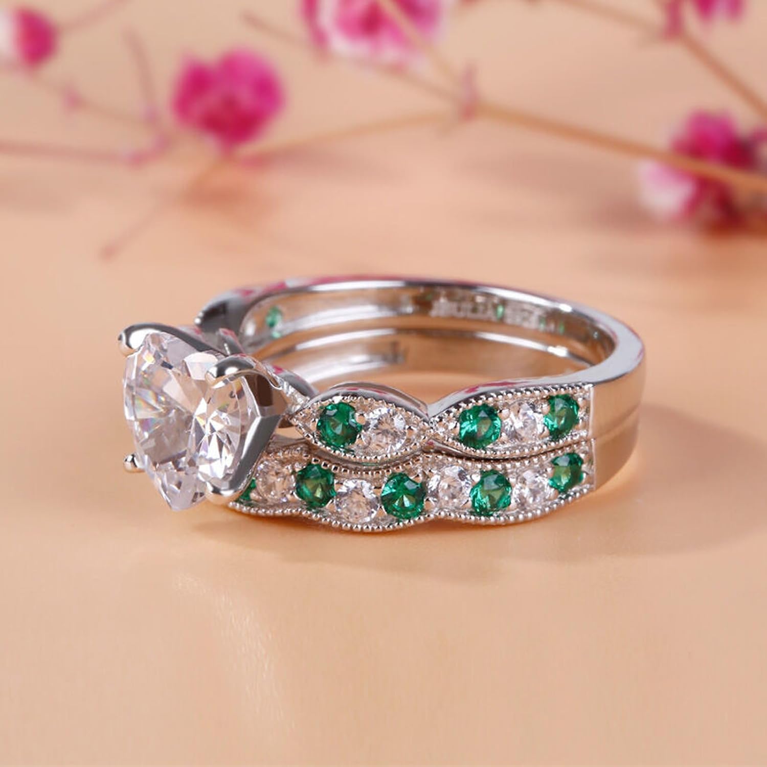 Jeulia 3 Carat CZ Solitaire Engagement Rings Halo Milgrain Heart Cut Sterling Silver Ring Set Promise Engagement Wedding Anniversary Rings Bridal Sets for Women