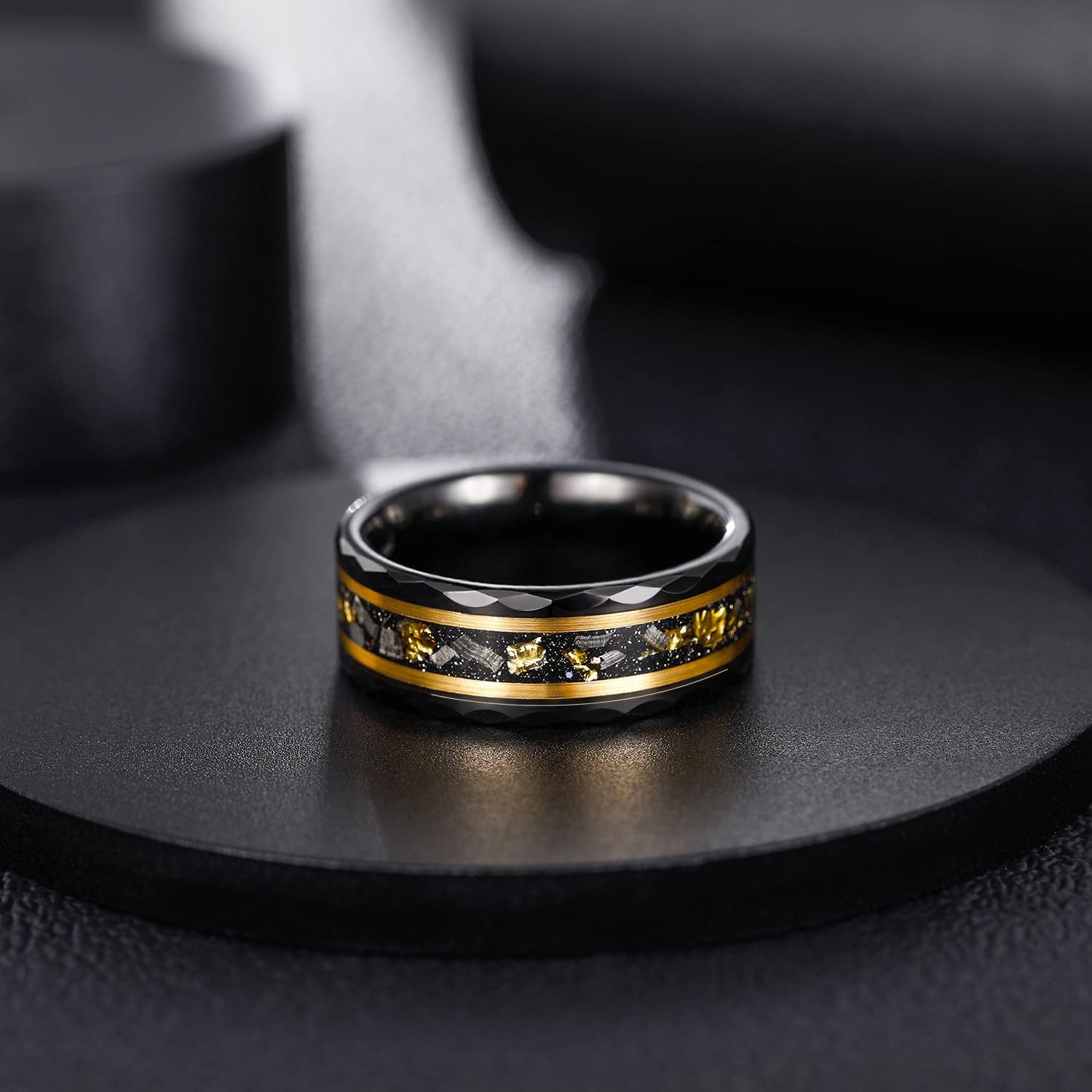 Greenpod 8MM Tungsten Carbide Rings for Men Hammered Polished Faceted Edge Wedding Band 24K Gold Plated Foil with Black Dinas Inlay Comfort Fit Size 7-13 - Image 2