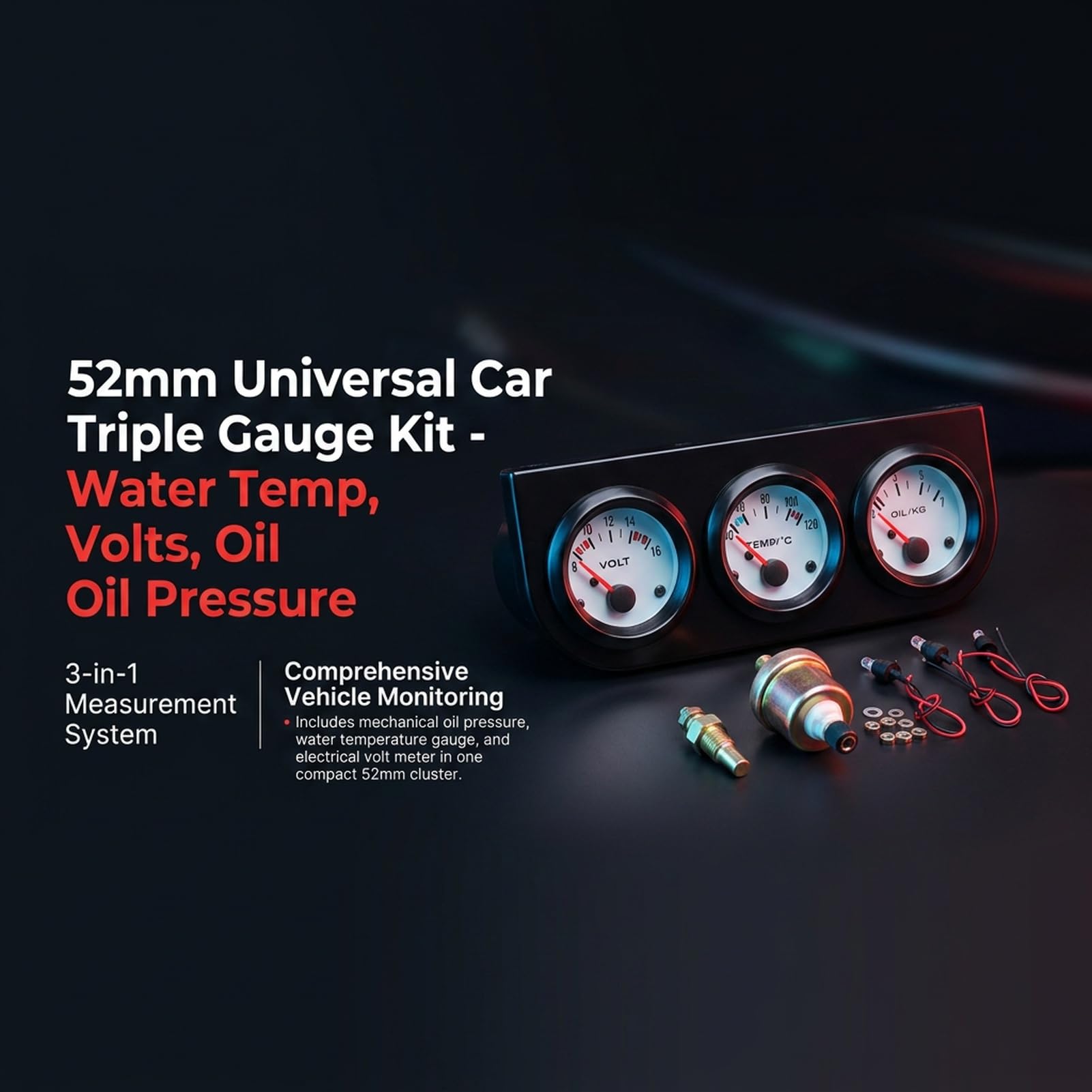 52 mm Öldruck-Temperatur-Voltmeter-Instrumententafel.Ein universelles Auto-Dreifachanzeigen-Set, das als Kfz-3-in-1-Instrumentenanzeige für 12-V-Systeme konzipiert ist